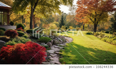 Peaceful Garden, An example of landscape design with lawn and bushes of different colors Peaceful Garden, An example of landscape design with lawn and bushes of different colors 108244336