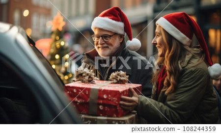 sale, winter holidays and people concept - happy senior couple with gift bags at christmas market sale, winter holidays and people concept - happy senior couple with gift bags at christmas market 108244359