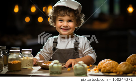 Amazed chef boy isolated in a professional kitchen Amazed chef boy isolated in a professional kitchen 108244371