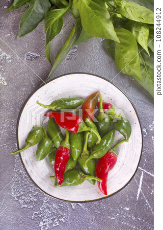Red and green Chillies on white plate Red and green Chillies on white plate 108244912