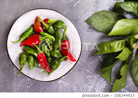 Red and green Chillies on white plate Red and green Chillies on white plate 108244913