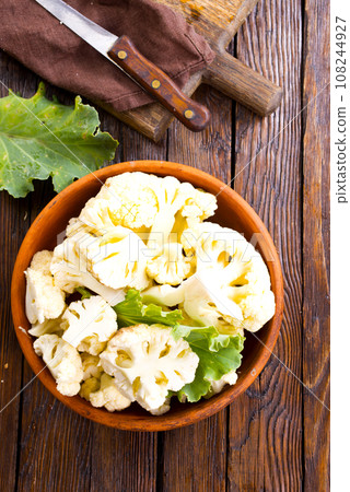 Fresh organic cauliflower cut into small pieces in ceramic bowl on wooden background Fresh organic cauliflower cut into small pieces in ceramic bowl on wooden background 108244927