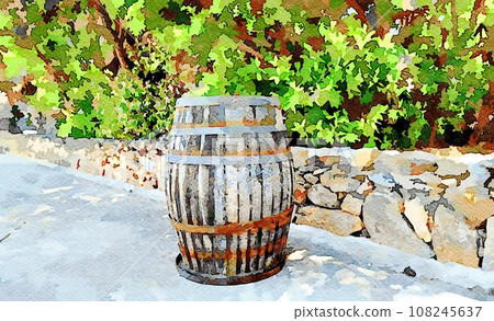 A wooden barrel on a sidewalk. A wooden barrel on a sidewalk. 108245637
