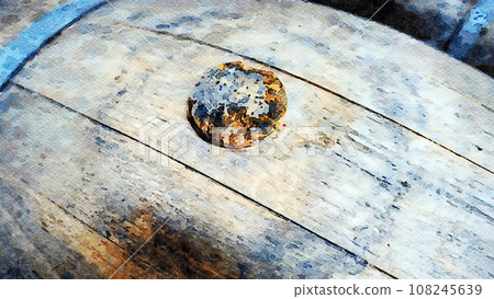 The cork stopper on the wooden barrel inside a cellar for aging red wine. The cork stopper on the wooden barrel inside a cellar for aging red wine. 108245639