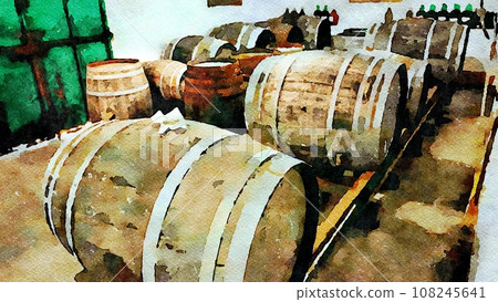Wooden barrels inside a cellar for aging red wine. Wooden barrels inside a cellar for aging red wine. 108245641