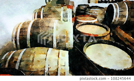 Wooden barrels inside a cellar for aging red wine. 108245644