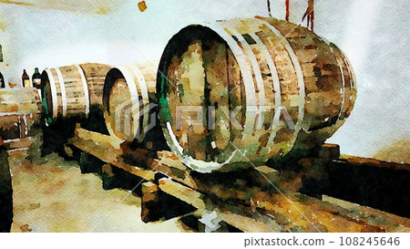 Wooden barrels inside a cellar for aging red wine. 108245646