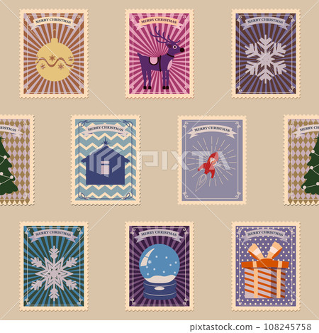 Postal stamp seamless pattern Christmas old postage stamps 108245758