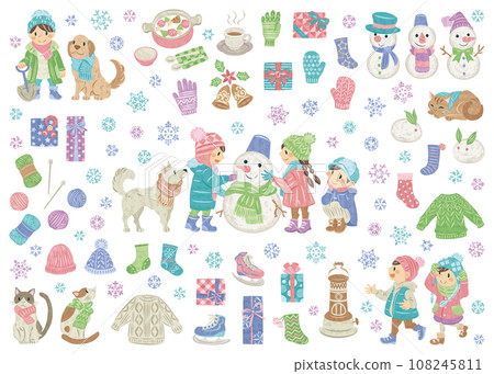 Winter Children Making Snowmen Snowflake Christmas Sweater Illustration Material Set 108245811