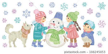 Winter illustration of children making a snowman and snowflakes 108245853