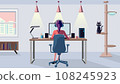 Rear view of a woman operating a computer in a bright room. remote work. Freelance. Side job. 108245923