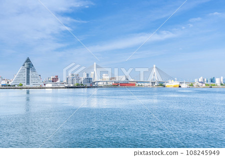 Aomori City, Aomori Prefecture, Aomori Tourist and Product Center ASPAM, Aomori Bay Bridge, and Seikan Ferry Hakkodamaru seen from Aomori Bay 108245949