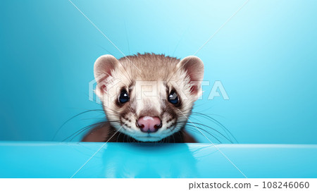 Advertising portrait, banner, brown gray ferret, looks out, isolated on blue background 108246060