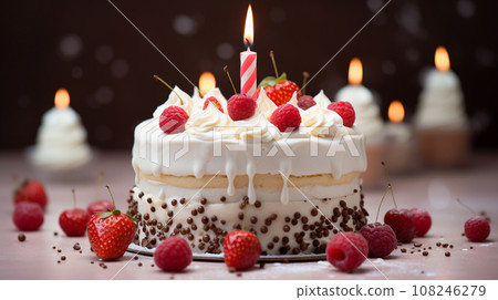 Celebration birthday cake with colorful sprinkles and twenty one colorful birthday candles. Generative AI Celebration birthday cake with colorful sprinkles and twenty one colorful birthday candles. Generative AI 108246279