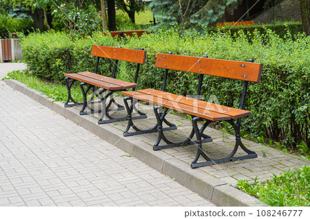New Modern Bench in Park, Outdoor City Architecture, Wooden Benches, Outdoor Chair, Urban Public Furniture 108246777