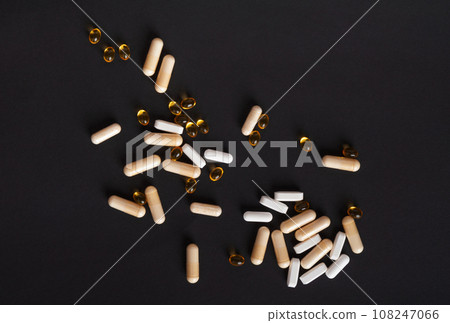 Weight Loss Pills and Measuring Tape, Diet Supplements Capsules, Obesity Lose Tablets, Color Drugs Pile 108247066