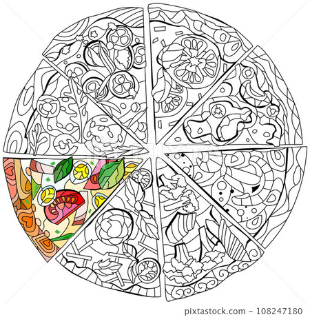 Set of slices of pizza, decorative zentangle vector illustration for coloring. Color and outline set 108247180