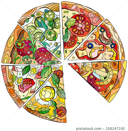 Set of slices of pizza, decorative zentangle vector illustration 108247192