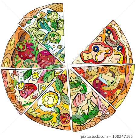 Set of slices of pizza, decorative zentangle vector illustration 108247195