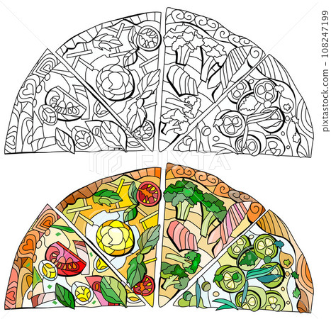 Set of slices of pizza, decorative zentangle vector illustration for coloring. Color and outline set 108247199