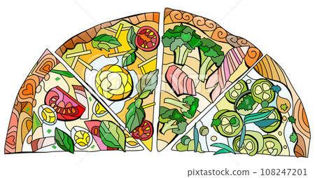 Set of slices of pizza, decorative zentangle vector illustration 108247201
