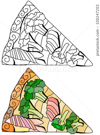 Slice of pizza, decorative zentangle vector illustration for coloring. Color and outline set 108247203