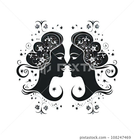 Gemini Icon, Woman Zodiac Symbol, Ornate Gemini Silhouette, Horoscope Pictogram 108247469