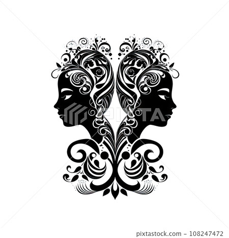Gemini Icon, Woman Zodiac Symbol, Ornate Gemini Silhouette, Horoscope Pictogram 108247472