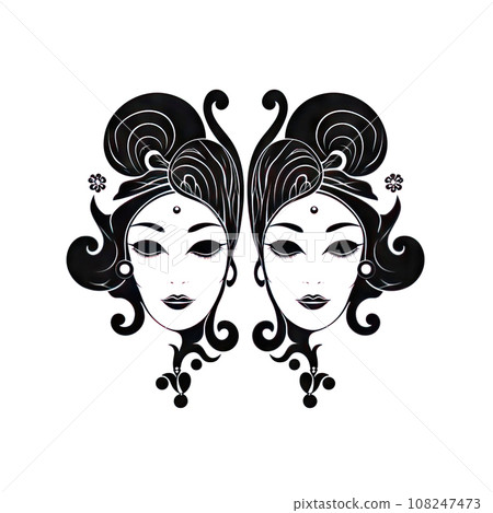Gemini Icon, Woman Zodiac Symbol, Ornate Gemini Silhouette, Horoscope Pictogram 108247473