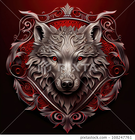 Wolf head emblem with metal frame AI generative illustration Wolf head emblem with metal frame AI generative illustration 108247761
