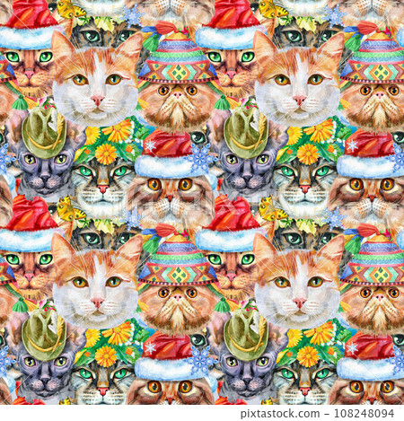 Seamless pattern of cats with various accessories. Watercolor hand drawn illustration 108248094