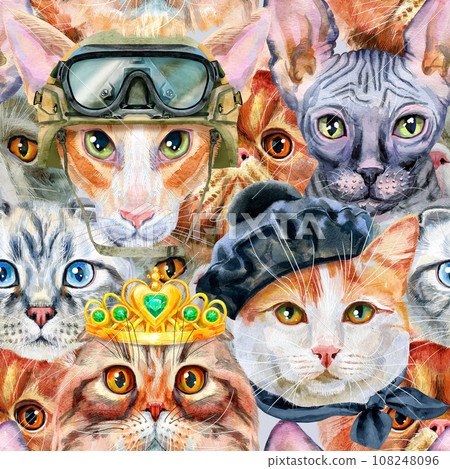 Seamless pattern of cats with various accessories. Watercolor hand drawn illustration 108248096