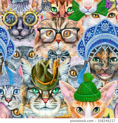 Seamless pattern of cats with various accessories. Watercolor hand drawn illustration Seamless pattern of cats with various accessories. Watercolor hand drawn illustration 108248217