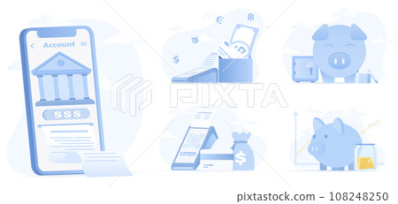 Collection of financial and saving money concept scenes. Financial management, deposit, withdraw, accumulation, digital wallet, online payment. Flat vector design illustration. 108248250
