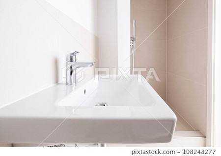 sink, faucet closeup in new bathroom with shower sink, faucet closeup in new bathroom with shower 108248277