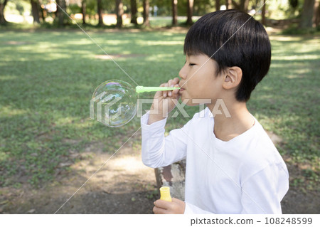 Boy making soap bubbles in the park 108248599