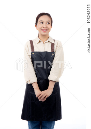 Portrait young asian barista woman wearing apron standing and smile isolated. Portrait young asian barista woman wearing apron standing and smile isolated. 108248953
