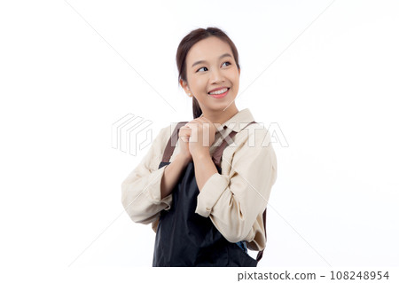 Portrait young asian barista woman wearing apron smile and excited with surprise isolated. 108248954