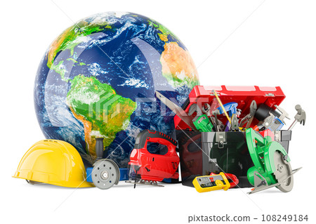 Hand tools and plastic tool box with Earth Globe. Service, repair and construction in the world, concept. 3D rendering Hand tools and plastic tool box with Earth Globe. Service, repair and construction in the world, concept. 3D rendering 108249184