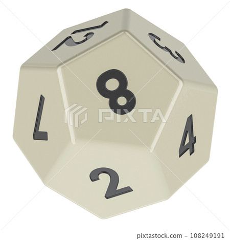 White 12 sided die, dodecahedron dice, 3D rendering White 12 sided die, dodecahedron dice, 3D rendering 108249191