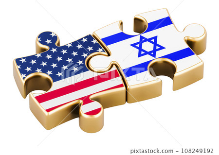 The USA and Israel puzzles from flags, relation concept. 3D rendering The USA and Israel puzzles from flags, relation concept. 3D rendering 108249192