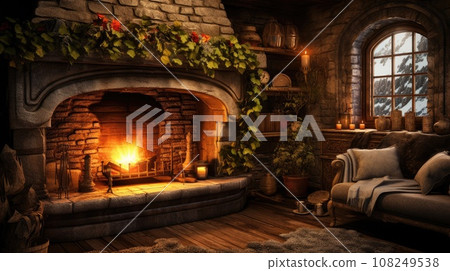 An interior of the cottage with burning fireplace and cozy rquipment An interior of the cottage with burning fireplace and cozy rquipment 108249538