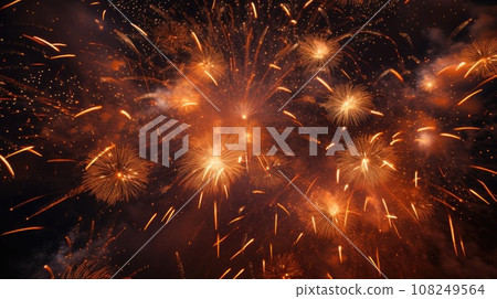 Concept of huge fireworks, a device containing gunpowder and other combustible chemicals that causes a spectacular explosion when ignited, used typically for display or in a celebrations 108249564
