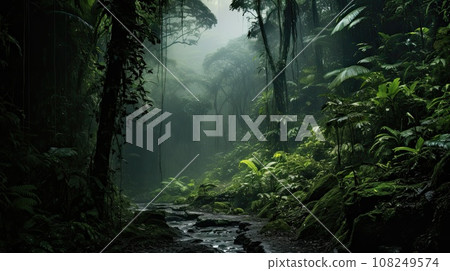 Rainforest with a fog concept, a luxuriant, dense forest rich in biodiversity, found typically in tropical areas with consistently heavy rainfall 108249574