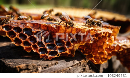 Honeycomb with bees in the bee apiary, beekeeping concept Honeycomb with bees in the bee apiary, beekeeping concept 108249581