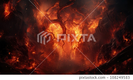 Hell concept, a place regarded in various religions as spiritual realm of evil and suffering, often traditionally depicted as a place of perpetual fire beneath the earth where the wicked 108249583