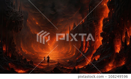 Hell concept, a place regarded in various religions as spiritual realm of evil and suffering, often traditionally depicted as a place of perpetual fire beneath the earth where the wicked 108249596