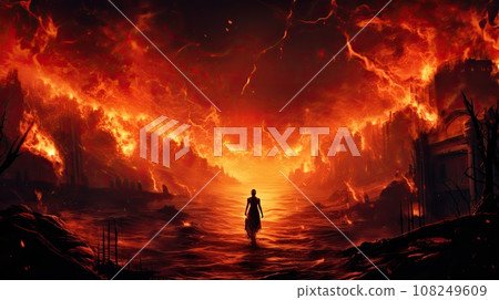 Hell concept, a place regarded in various religions as spiritual realm of evil and suffering, often traditionally depicted as a place of perpetual fire beneath the earth where the wicked 108249609