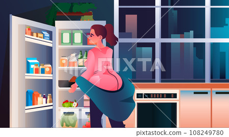 pregnant woman standing near refrigerator nutrition diet during pregnancy motherhood expectation concept modern kitchen interior 108249780