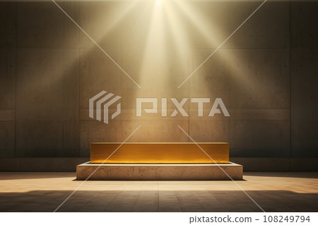 Marble podium in rays of sunlight against a background of a gray marble wall 108249794